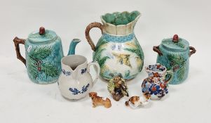 Collection of late 19th century continental majolica including a baluster jug moulded with a crane