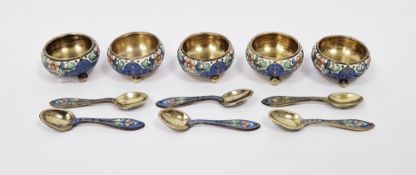 Set of five Russian silver-gilt and cloisonne salts and six matching spoons, 88 standard, maker's
