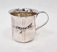 Tiffany & Co silver mug of circular form with flared rim and tied ribbon decoration, engraved with