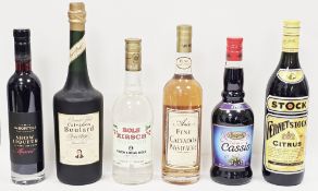 Bottle of Bols Kirsch, Fevnet Stock citrus, Anee fine calvados, Creme de Cassis, 1 litre Calvados