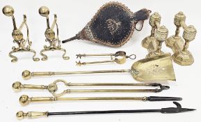 Brass fireside three-piece companion set with ball finials, 65cm long together with two pairs of