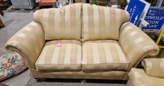 Duresta gold damask two-piece suite viz:- three-seater settee, 107cm high x 184cm wide x 94cm deep