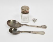Silver-mounted cut glass salt bottle, two silver spoons and a silver-coloured metal pearl and