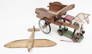 Early 20th century wooden painted child's pull-along toy horse and cart, 47cm long together with a