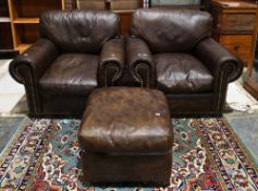 Pair brown simulated hide club-style easy armchairs, 82cm high x 97cm wide x 86cm deep and a