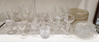 Assorted drinking glasses and finger bowl stands including a large pair of honeycomb moulded goblets