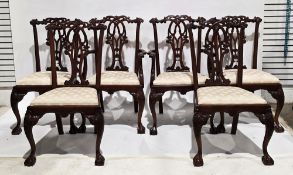 Set of eight George III Chippendale-style reproduction dining chairs with pierced carved top rails