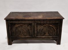17th/18th century oak coffer, the oak two-panel top with thumb moulded edge opening to an empty
