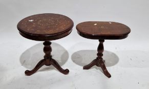 Eastern hardwood and brass inlaid circular-topped tripod table on ogee scroll supports, 58cm high