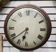 19th century mahogany cased circular single fusee wall clock, the white dial with Roman numerals and