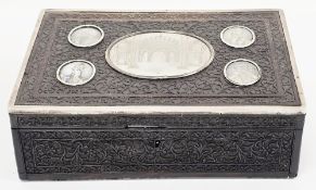 19th century carved Indian hardwood box having hinged lid and inset five various ivory miniatures,