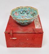 Chinese eggshell porcelain octagonal turquoise ground bowl, 20th century, printed red seal mark,
