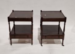Pair of 20th century mahogany-effect nightstands in the George III manner, of square form with two