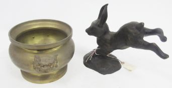 Cast metal model with a bronzed finish of a leaping rabbit, 25cm high together with a Chinese