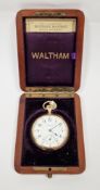 Early 20th century Waltham 14K gold open-faced pocket watch, the enamel dial with subsidiary seconds