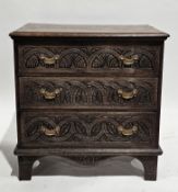 18th century oak chest, the rectangular top with thumbmould edge over three graduated long drawers