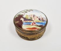 Staffordshire enamel and gilt-metal mounted snuff-box, 18th century, the cover decorated in the