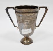 Silver two-handled presentation cup, Birmingham 1933, of tapering form with angular handles, with