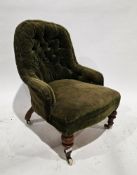 19th century nursing chair, the green button back upholstery with a later red gingham patterned