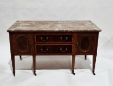 Edwardian mahogany and satinwood crossbanded washstand, the marble top over two central drawers