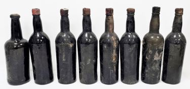 Eight bottles of vintage port without labels or other identification, various levels, capsules
