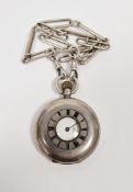 Silver half hunter pocket watch, the enamel dial with subsidiary seconds dial, the outer case with