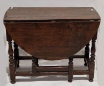 Antique oak oval gateleg table on turned baluster and block supports, 72cm high x 124cm long x