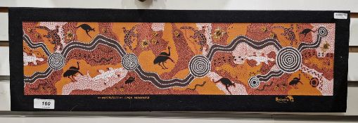 Linda Nabanunga, aboriginal painting on fabric titled ' Waterhole ' depicting Australian wildlife