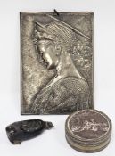 After Donatello, brass relief plaque of Saint Cecilia, 22cm x 16cm together with French copper and