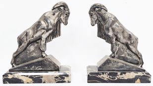 After Max Le Verrier a pair of Art Deco-style bookends in the form of spelter mountain goats on