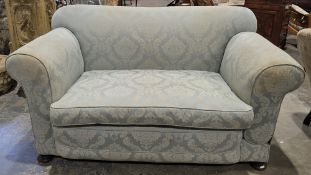 Late 19th/early 20th century Chesterfield-style drop-end sofa upholstered in a pale blue damask