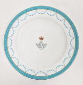 Minton bone china crowned monogrammed dinner plate, circa 1890, printed puce crowned Mintons globe