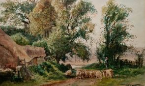 Henry Charles Fox (1855/60-1929) Watercolour drawing  Shepherd and sheep on country lane with