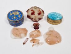 Chinese Peking glass snuff bottle, 19th century, overlaid in ruby glass and carved with fish,