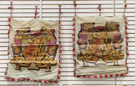 Pair of painted silk banners bearing the arms of the Hicks Beach family and the motto Tout en Bon