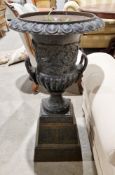 Pair of cast iron garden urns of campana form with twin handles and relief foliate scrolling