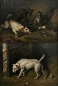 19th century manner Pair oils on panel  Studies of dogs in interiors at various pursuits, 16cm x