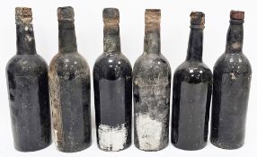 Three bottles of Taylor's 1960 (unlabelled) vintage port with three others similar, varying