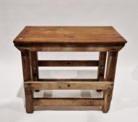Pine workbench-style side table with plank top, on square supports, 75cm high x 91cm wide x 50cm