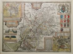 After John Speed map of Glocestershire with armorial shield and map vignettes, 39cm x 53cm,