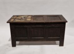 17th/18th century oak coffer, the three-panel lid opening to a candle tray and empty space, the