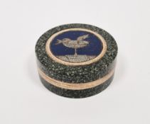 Italian micro-mosaic gold-mounted porphyry circular snuff-box and cover, probably Roman, early