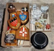 Mixed lot of collectable items including six school crests on wooden plinths, a horn bowl and spoon,