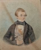 19th century  Watercolour Half-length portrait of young man wearing blue and white waistcoat, 12.5cm