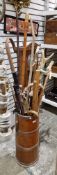 Late 19th/early 20th century mahogany and brass-bound coopered stickstand, 66cm high containing a