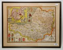 After Christopher Saxton map of Somersetshire with coat of arms, 39cm x 52cm and after John Speed