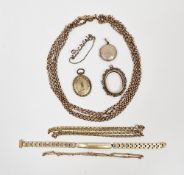 Rose gold belcher link guard chain stamped 9c, 14g approx and various gold-coloured metal and plated