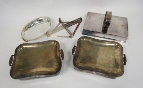 Pair of silver plated warming dishes of shaped rectangular form with turned wooden handles, a