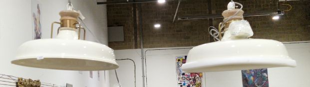 Pair of Libra Scale Company cream enamel ceiling light fittings, 62cm diameter