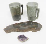 Polished agate slab formed into a bowl with natural rough outer edge, 33cm long together with two